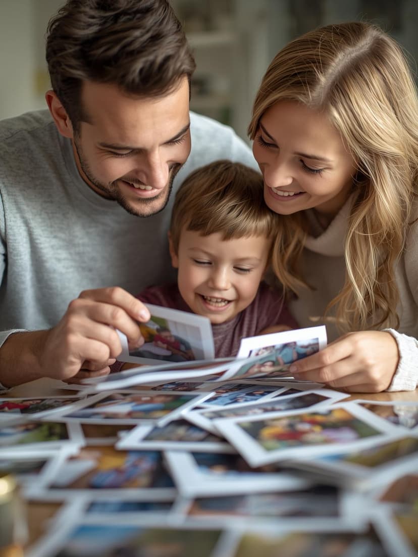 Família reunida vendo fotos impressas
